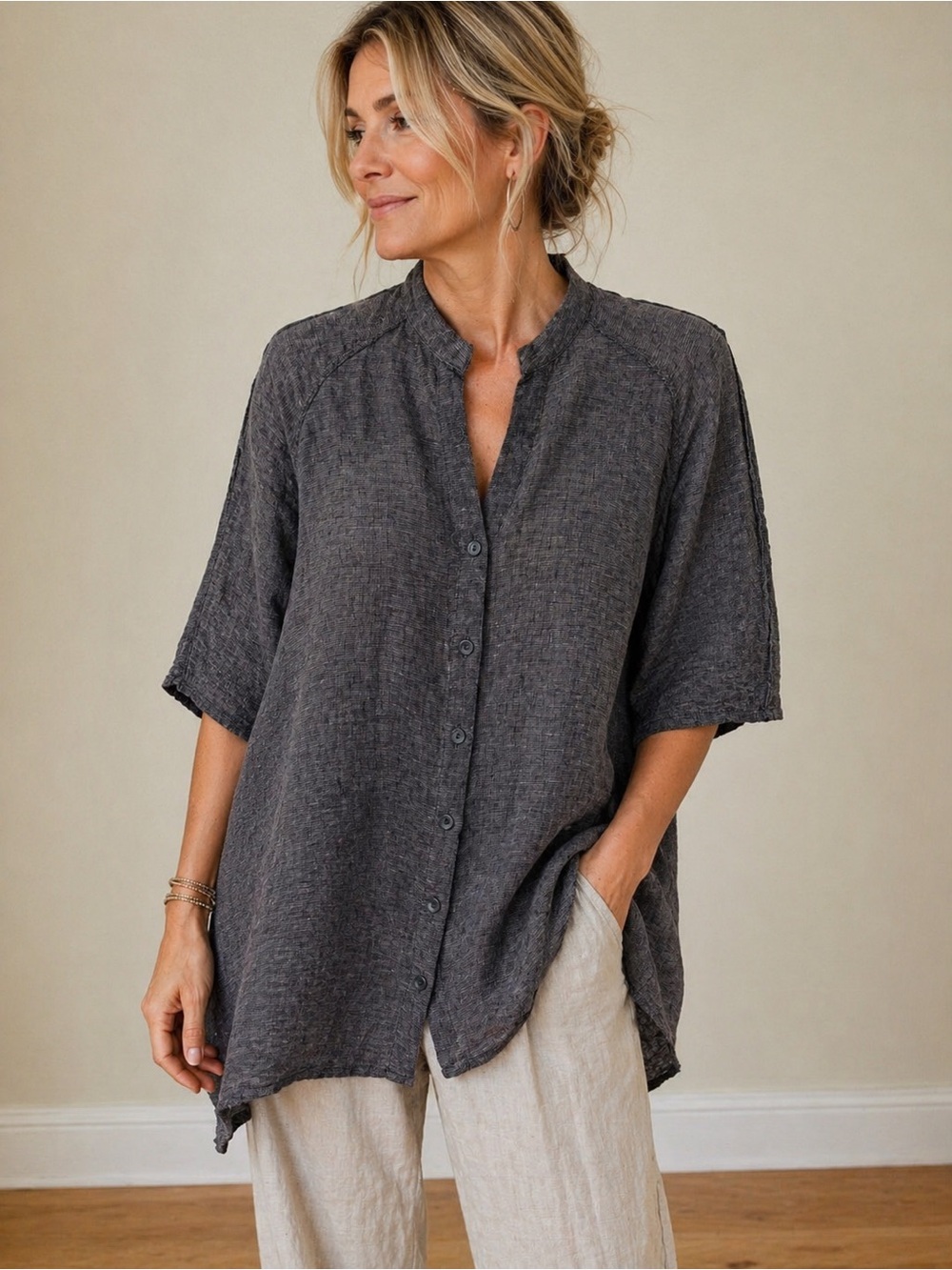 Flax Linen Black Tan Button Front Tunic Top Size Small Oversized Boho Minimalist